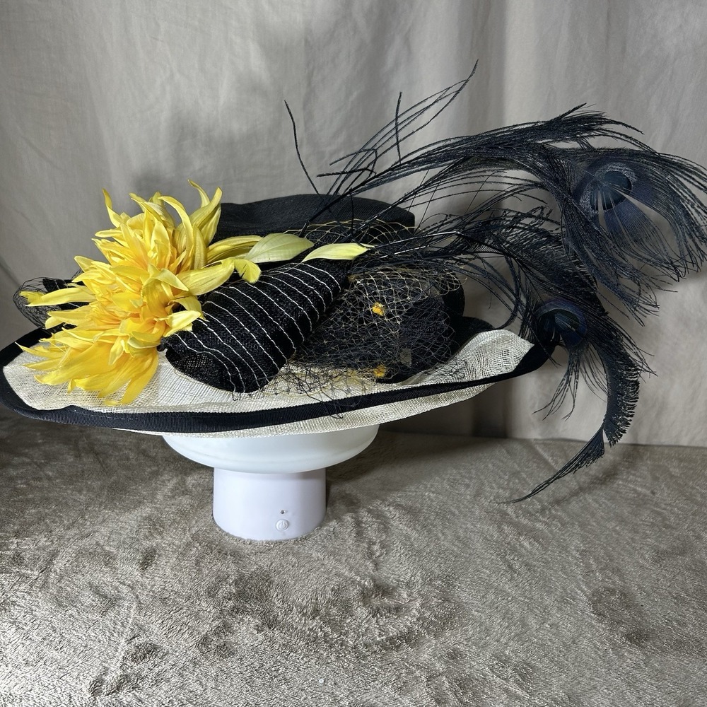 Giovannio New York Derby Church Hat Black White Yellow Flower Natural Fibers